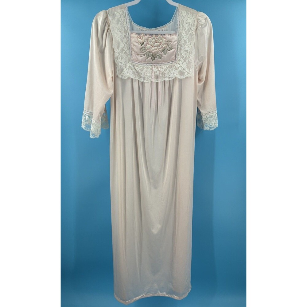 Vintage Blush Pink Floral Embroidered Lace Nightgown Long Gown M L Gorgeous!